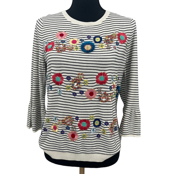 Talbots Sweaters - Talbots Embroidered Beaded‎ Floral Stripe Sweater Women’s Bell Sleeve Med Petite